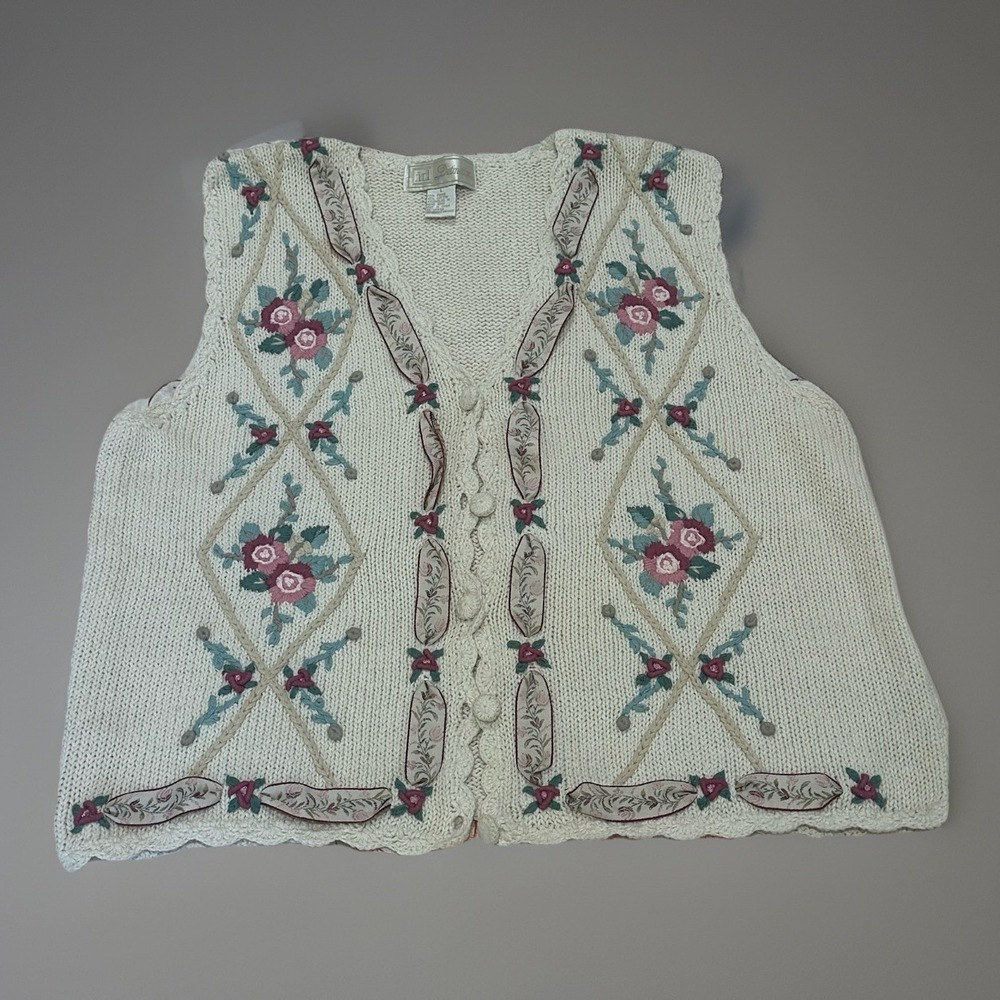 VTG  Floral Knit Embroidered Cardigan Sweater Vest Boho Cottagecore grandma